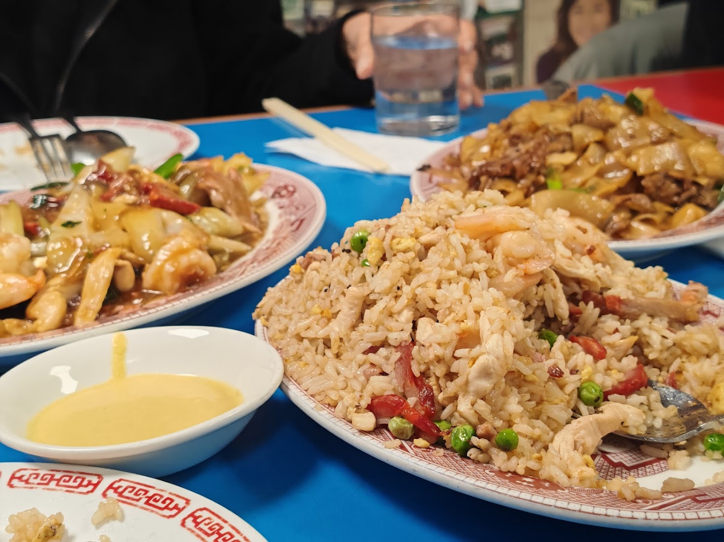 A spread of fried rice, chow fun and shrimp